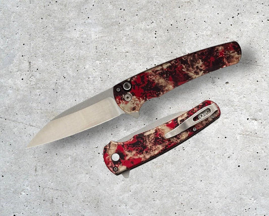 Pro-Tech-Pro-Tech 5300-CTC Malibu - "Crimson Tiger Camo" Custom Anodized Handle - Machine Satin Magnacut Wharncliffe Blade - Black Lip Pearl Button-Urban Cutlery