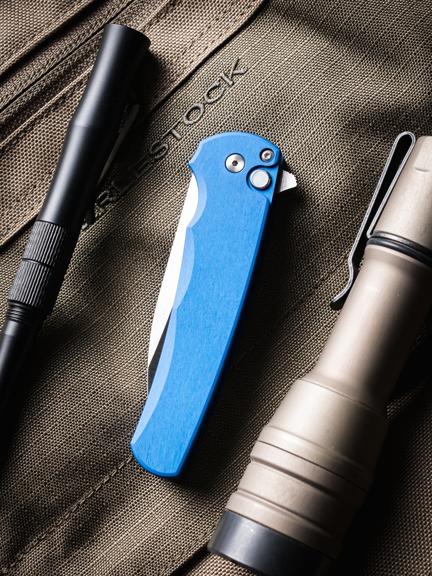 Pro-Tech-Pro-Tech 5300.LTD.Blue Malibu - Blue Handle - Machine Satin Magnacut Wharncliffe Blade - White Pearl Button - Satin Hardware-3-Urban Cutlery