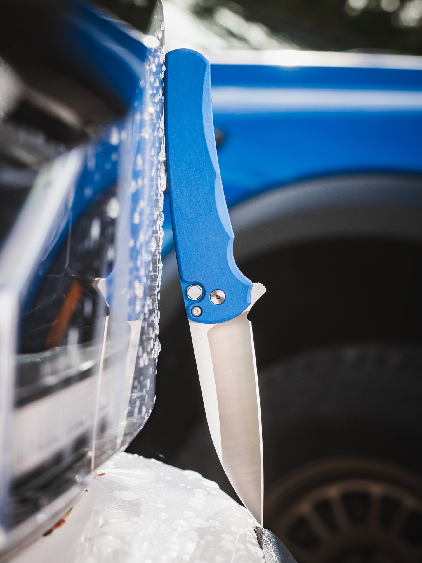 Pro-Tech-Pro-Tech 5300.LTD.Blue Malibu - Blue Handle - Machine Satin Magnacut Wharncliffe Blade - White Pearl Button - Satin Hardware-Urban Cutlery