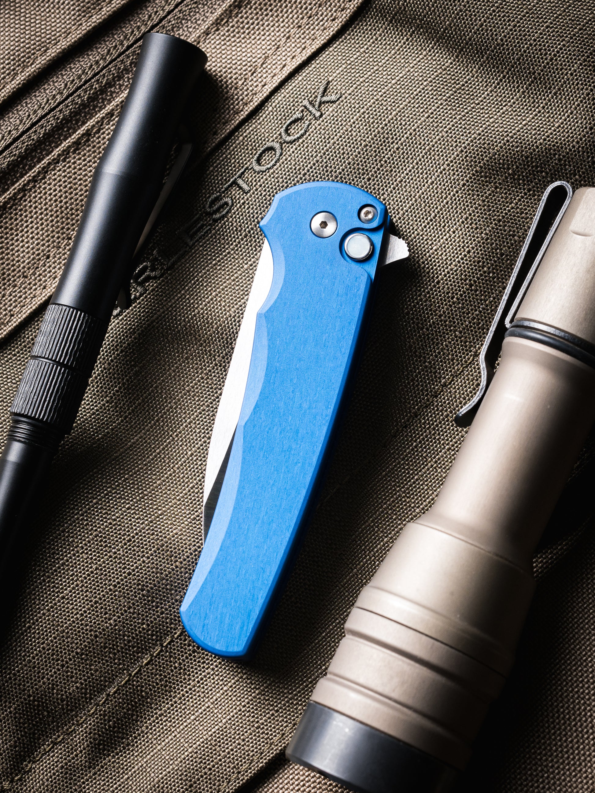 Pro-Tech-Pro-Tech 5300.LTD.Blue Malibu - Blue Handle - Machine Satin Magnacut Wharncliffe Blade - White Pearl Button - Satin Hardware-Urban Cutlery