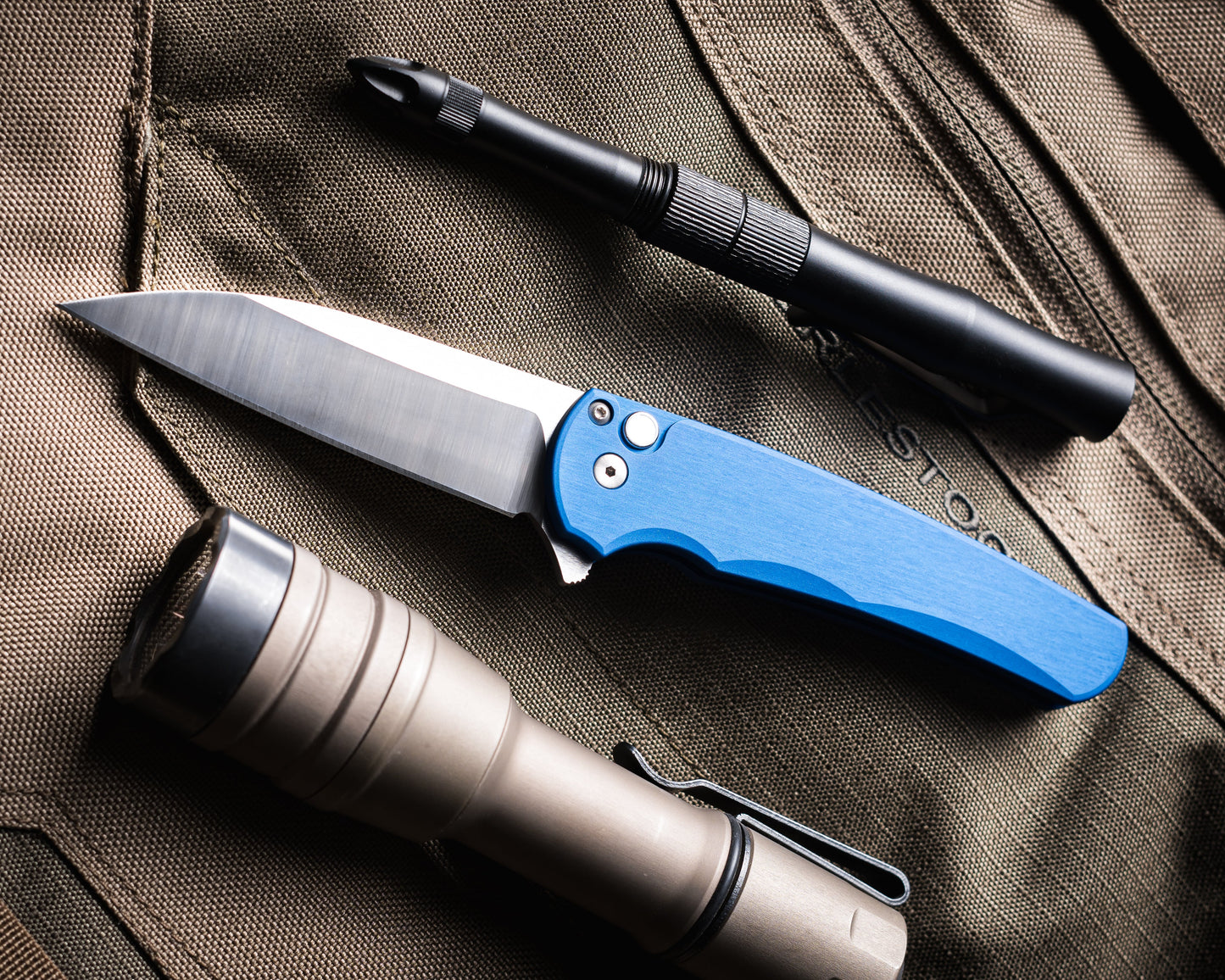 Pro-Tech-Pro-Tech 5300.LTD.Blue Malibu - Blue Handle - Machine Satin Magnacut Wharncliffe Blade - White Pearl Button - Satin Hardware-Urban Cutlery