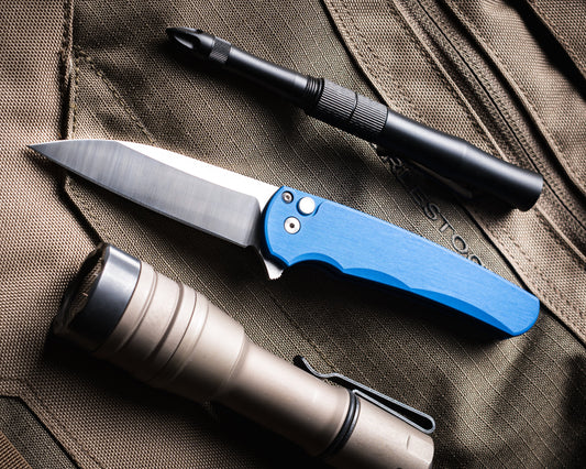 Pro-Tech-Pro-Tech 5300.LTD.Blue Malibu - Blue Handle - Machine Satin Magnacut Wharncliffe Blade - White Pearl Button - Satin Hardware-Urban Cutlery