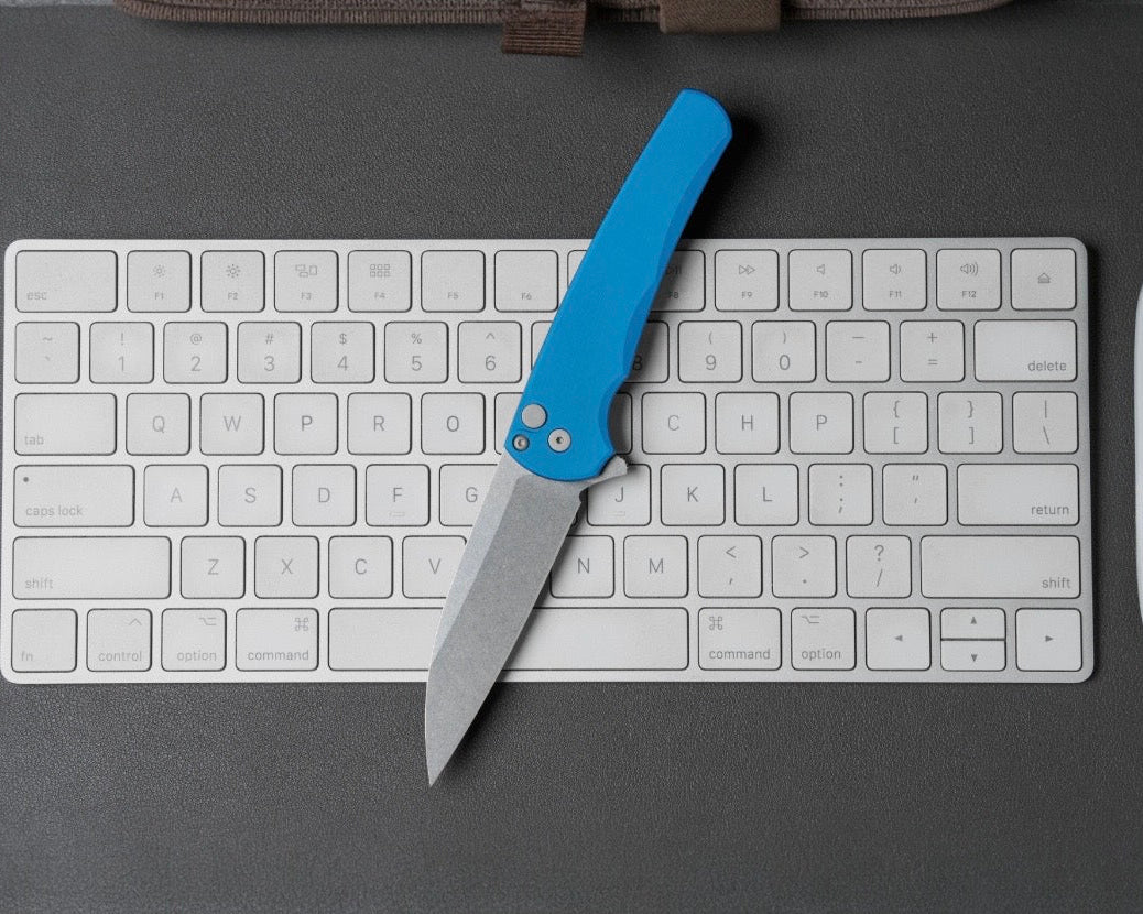 Pro-Tech-Pro-Tech 5301.Blue Malibu - Blue Handle - Stonewash Magnacut Wharncliffe Blade-1-Urban Cutlery