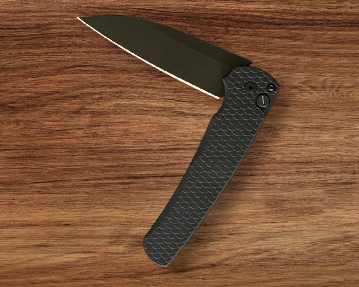 Pro-Tech-Pro-Tech 5336 Operator Edition Malibu - Black "Dragon Scale" Handle - DLC Black Wharncliffe Magnacut Blade - Tritium Button - DLC Black Clip-4-Urban Cutlery