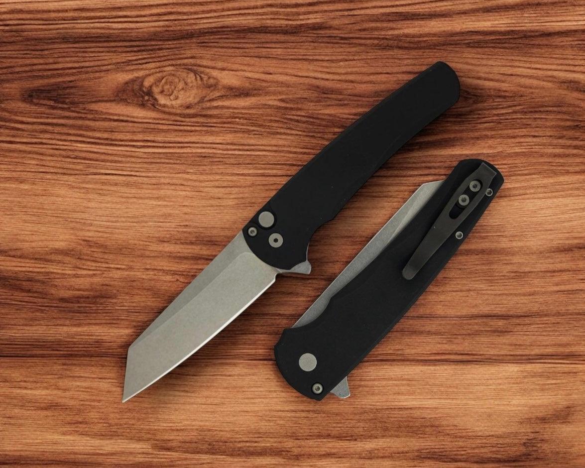 Pro-Tech-Pro-Tech 5401 Malibu - Black Handle - Stonewash Reverse Tanto Magnacut Blade-1-Urban Cutlery