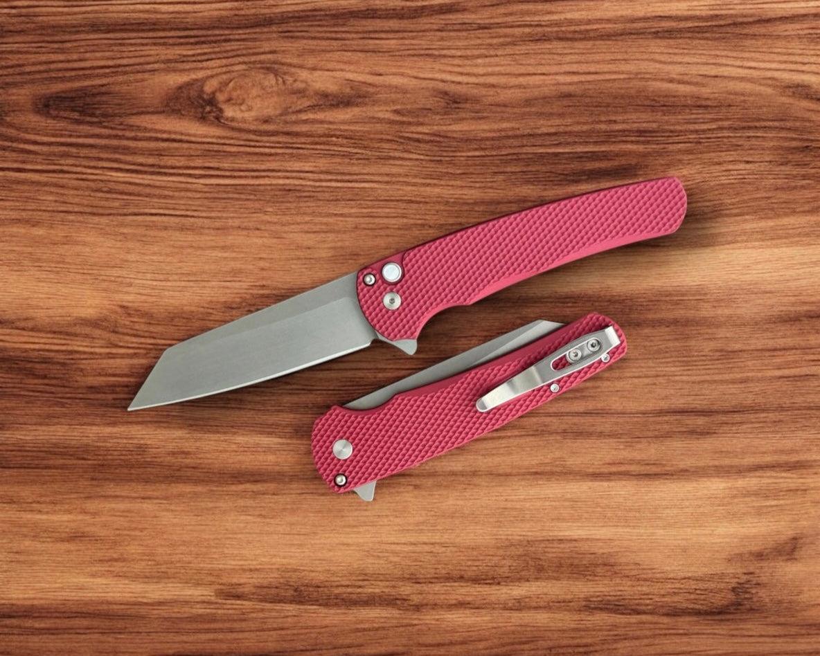 Pro-Tech-Pro-Tech 5405 LTD-Red Malibu - Textured Red Handle - Stonewash Reverse Tanto Magnacut Blade - Gold Lip Pearl Button-1-Urban Cutlery
