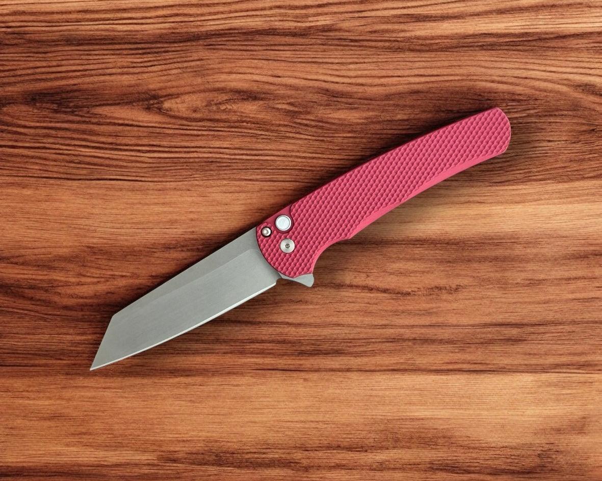 Pro-Tech-Pro-Tech 5405 LTD-Red Malibu - Textured Red Handle - Stonewash Reverse Tanto Magnacut Blade - Gold Lip Pearl Button-2-Urban Cutlery