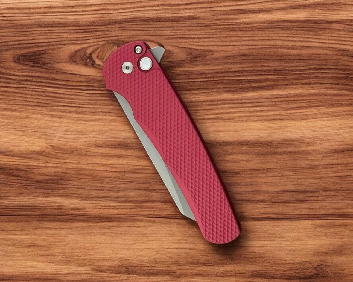 Pro-Tech-Pro-Tech 5405 LTD-Red Malibu - Textured Red Handle - Stonewash Reverse Tanto Magnacut Blade - Gold Lip Pearl Button-4-Urban Cutlery