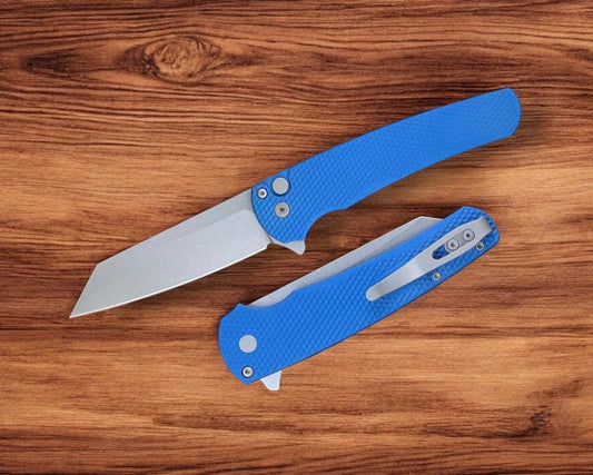 Pro-Tech-Pro-Tech 5405 Malibu - Textured Blue Handle - Stonewash Reverse Tanto Magnacut Blade-1-Urban Cutlery