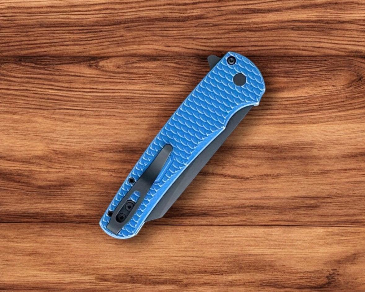 Pro-Tech-Pro-Tech 5436-BW Blue Malibu - Blue Battleworn 7075 "Dragon Scale" Handle - DLC Black Magnacut Reverse Tanto Blade - Black Clip-Urban Cutlery