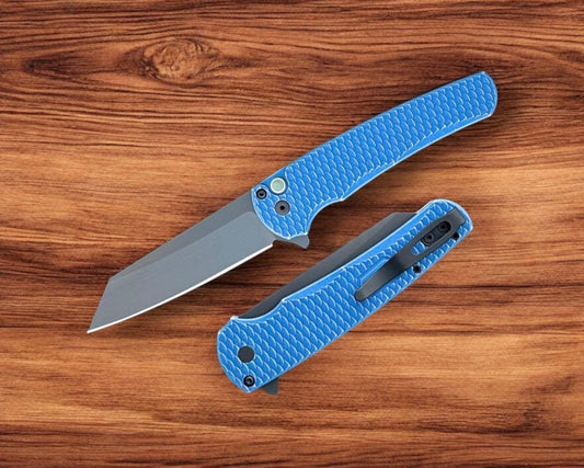 Pro-Tech-Pro-Tech 5436-BW Blue Malibu - Blue Battleworn 7075 "Dragon Scale" Handle - DLC Black Magnacut Reverse Tanto Blade - Black Clip-Urban Cutlery