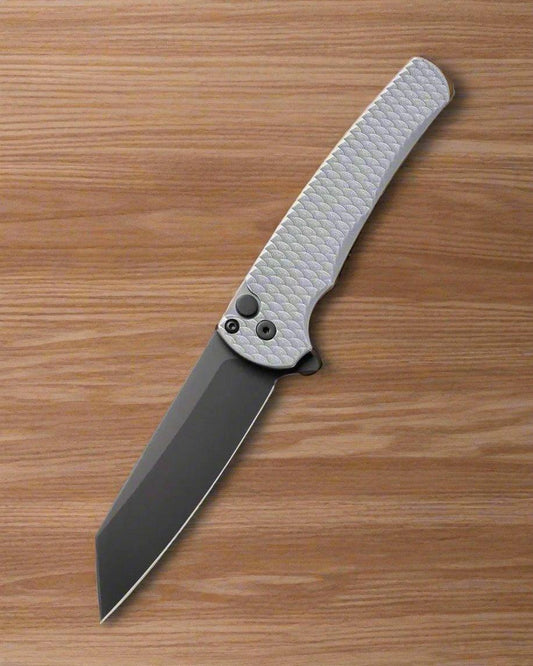 Pro-Tech-Pro-Tech 5436-BW Grey Malibu - Grey Battleworn 7075 "Dragon Scale" Handle - DLC Black Magnacut Reverse Tanto Blade - Black Clip-Urban Cutlery