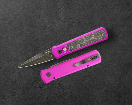 Pro-Tech-Pro-Tech 7211.Marble.CF.Purple.DLCW Godson AUTO - Purple with Marble Carbon Fiber inlay Handles - DLC Wash 20CV Blade - Black Lip Pearl Button-1-Urban Cutlery
