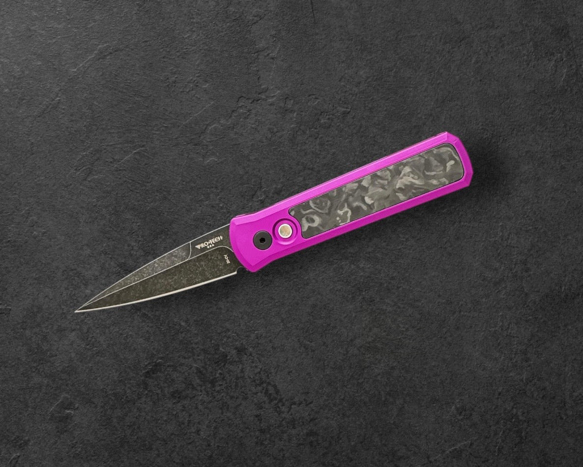 Pro-Tech-Pro-Tech 7211.Marble.CF.Purple.DLCW Godson AUTO - Purple with Marble Carbon Fiber inlay Handles - DLC Wash 20CV Blade - Black Lip Pearl Button-Urban Cutlery