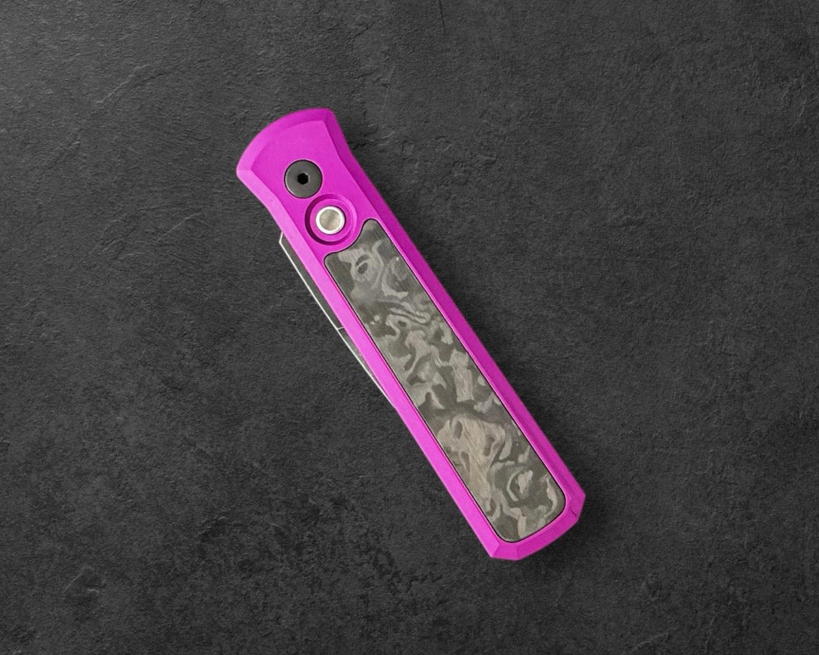 Pro-Tech-Pro-Tech 7211.Marble.CF.Purple.DLCW Godson AUTO - Purple with Marble Carbon Fiber inlay Handles - DLC Wash 20CV Blade - Black Lip Pearl Button-Urban Cutlery