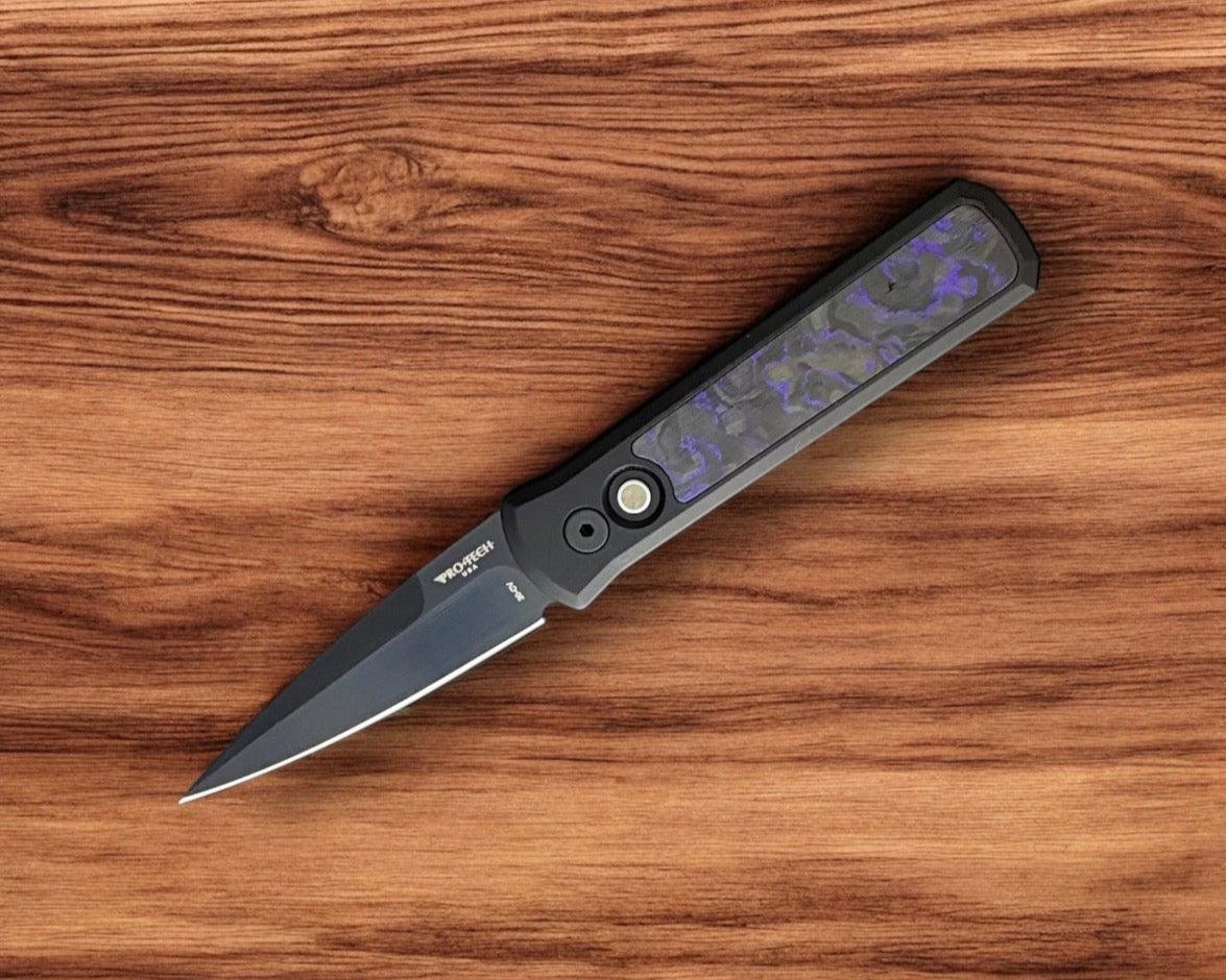 Pro-Tech-Pro-Tech 7214.Violet.CF.20CV Godson AUTO - Violet Marble Carbon Fiber Inlay Handles - DLC Satin 20CV Blade - Black Lip Pearl Button-Urban Cutlery