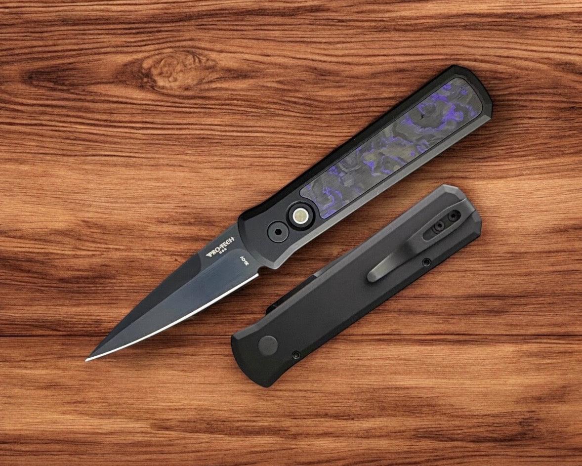 Pro-Tech-Pro-Tech 7214.Violet.CF.20CV Godson AUTO - Violet Marble Carbon Fiber Inlay Handles - DLC Satin 20CV Blade - Black Lip Pearl Button-Urban Cutlery