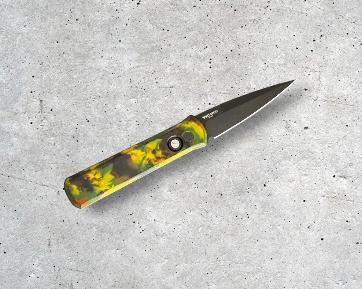 Pro-Tech-Pro-Tech 721.LH.WOODLAND Godson AUTO - LEFT HANDED MODEL - WOODLAND CAMO Custom Anodized Handle - Black DLC 154CM Blade - Black Lip Pearl Button - Black Hardware-2-Urban Cutlery
