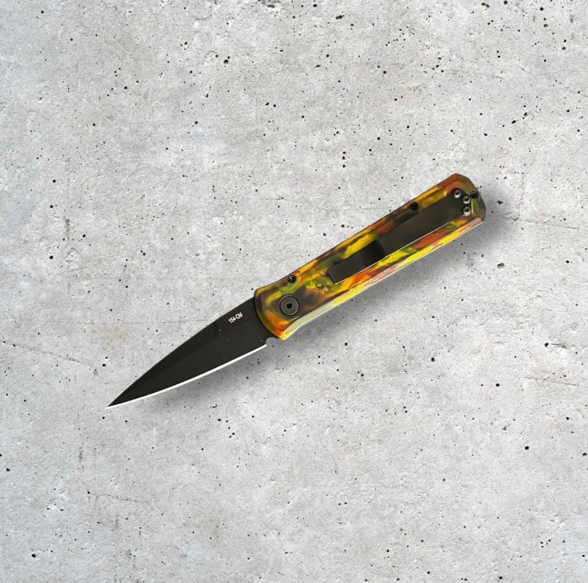 Pro-Tech-Pro-Tech 721.LH.WOODLAND Godson AUTO - LEFT HANDED MODEL - WOODLAND CAMO Custom Anodized Handle - Black DLC 154CM Blade - Black Lip Pearl Button - Black Hardware-3-Urban Cutlery