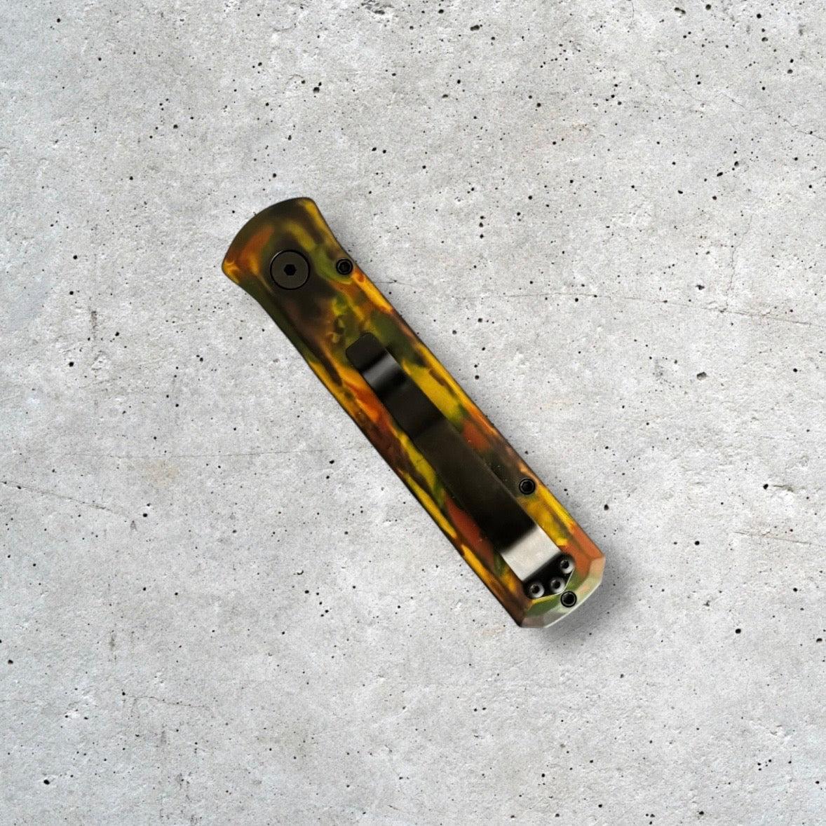 Pro-Tech-Pro-Tech 721.LH.WOODLAND Godson AUTO - LEFT HANDED MODEL - WOODLAND CAMO Custom Anodized Handle - Black DLC 154CM Blade - Black Lip Pearl Button - Black Hardware-5-Urban Cutlery