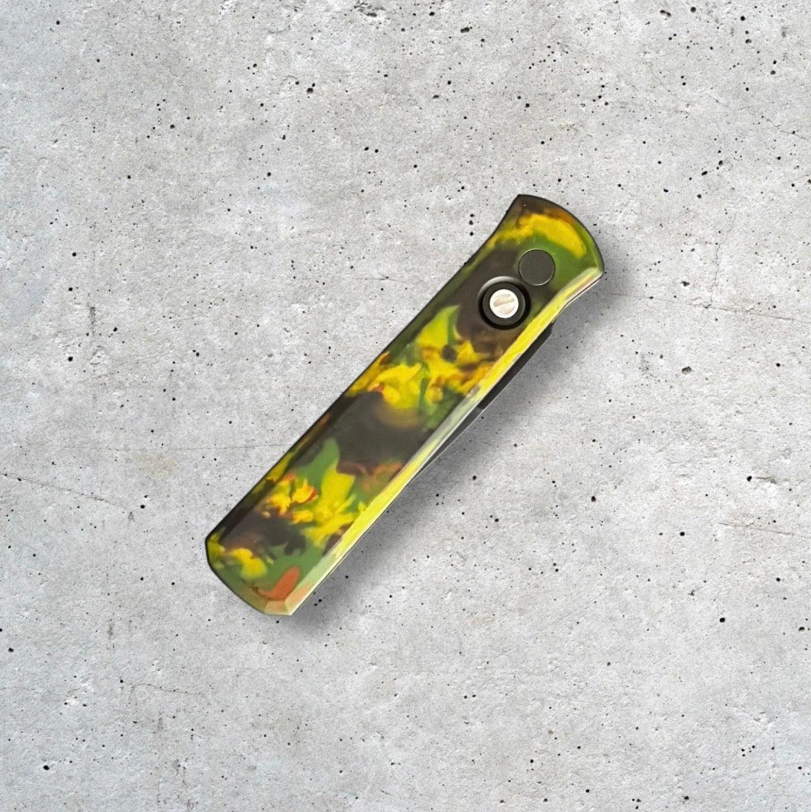 Pro-Tech-Pro-Tech 721.LH.WOODLAND Godson AUTO - LEFT HANDED MODEL - WOODLAND CAMO Custom Anodized Handle - Black DLC 154CM Blade - Black Lip Pearl Button - Black Hardware-Urban Cutlery