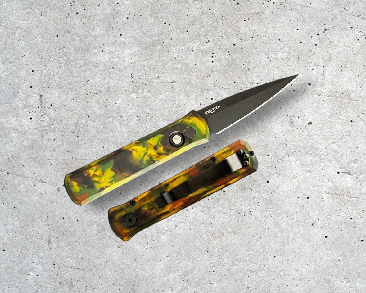 Pro-Tech-Pro-Tech 721.LH.WOODLAND Godson AUTO - LEFT HANDED MODEL - WOODLAND CAMO Custom Anodized Handle - Black DLC 154CM Blade - Black Lip Pearl Button - Black Hardware-Urban Cutlery