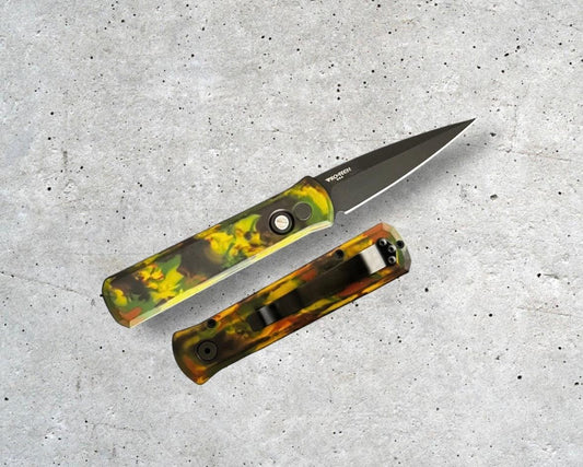 Pro-Tech-Pro-Tech 721.LH.WOODLAND Godson AUTO - LEFT HANDED MODEL - WOODLAND CAMO Custom Anodized Handle - Black DLC 154CM Blade - Black Lip Pearl Button - Black Hardware-Urban Cutlery