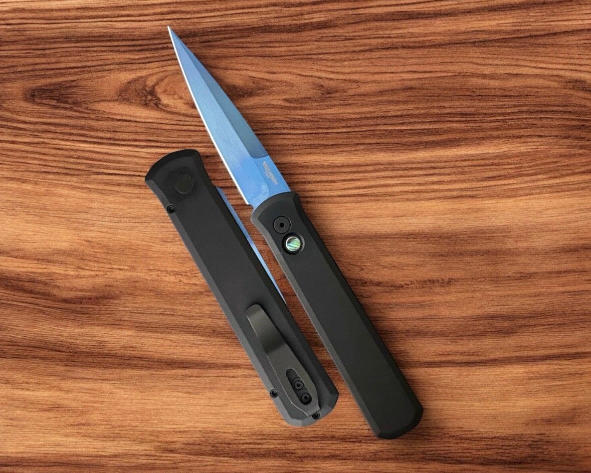 Pro-Tech-Pro-Tech 921.SB Godfather - Black Handles - Sapphire Blue 154CM Blade - Abalone Button-1-Urban Cutlery