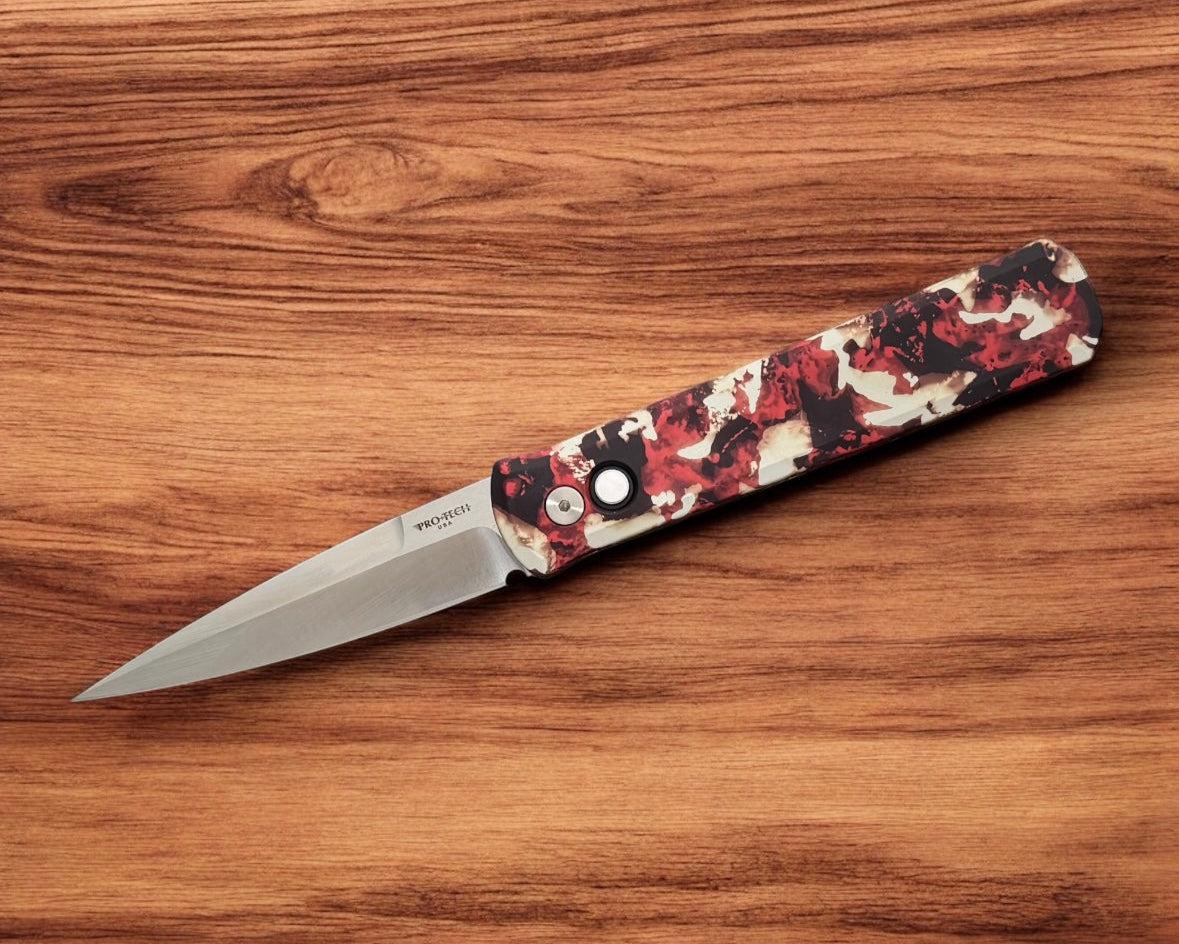 Pro-Tech-Pro-Tech 921.Satin.CTC Godfather AUTO - "Crimson Tiger Camo" Custom Ano Handles - Satin 154CM Blade - MOP Button-Urban Cutlery