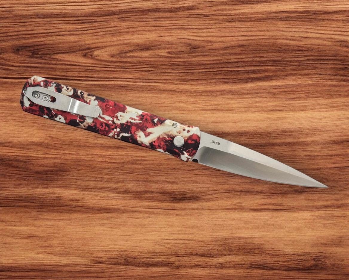 Pro-Tech-Pro-Tech 921.Satin.CTC Godfather AUTO - "Crimson Tiger Camo" Custom Ano Handles - Satin 154CM Blade - MOP Button-Urban Cutlery