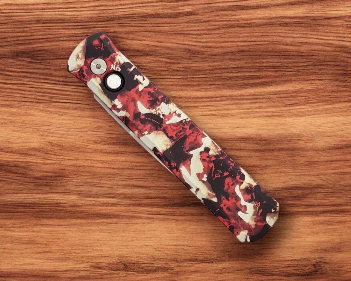 Pro-Tech-Pro-Tech 921.Satin.CTC Godfather AUTO - "Crimson Tiger Camo" Custom Ano Handles - Satin 154CM Blade - MOP Button-Urban Cutlery