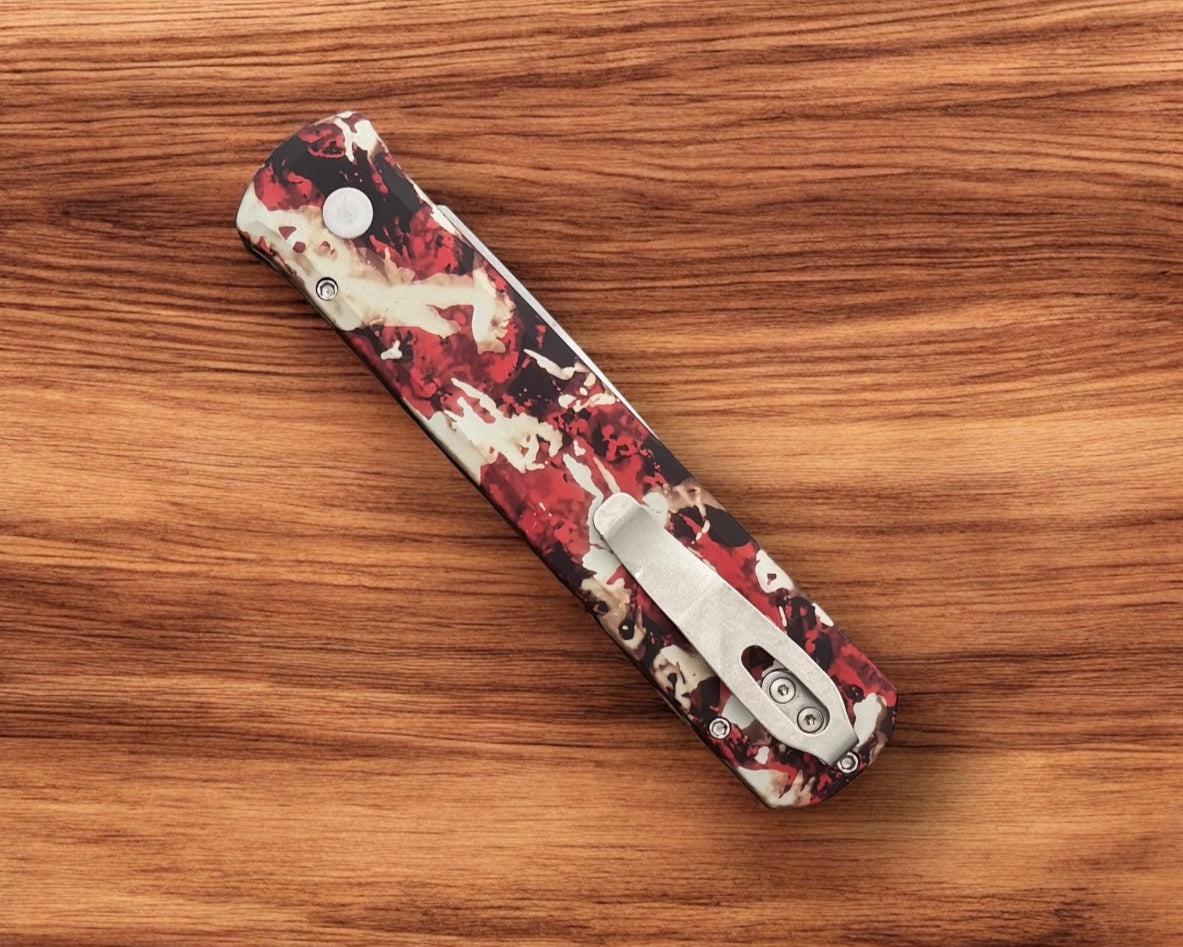 Pro-Tech-Pro-Tech 921.Satin.CTC Godfather AUTO - "Crimson Tiger Camo" Custom Ano Handles - Satin 154CM Blade - MOP Button-Urban Cutlery