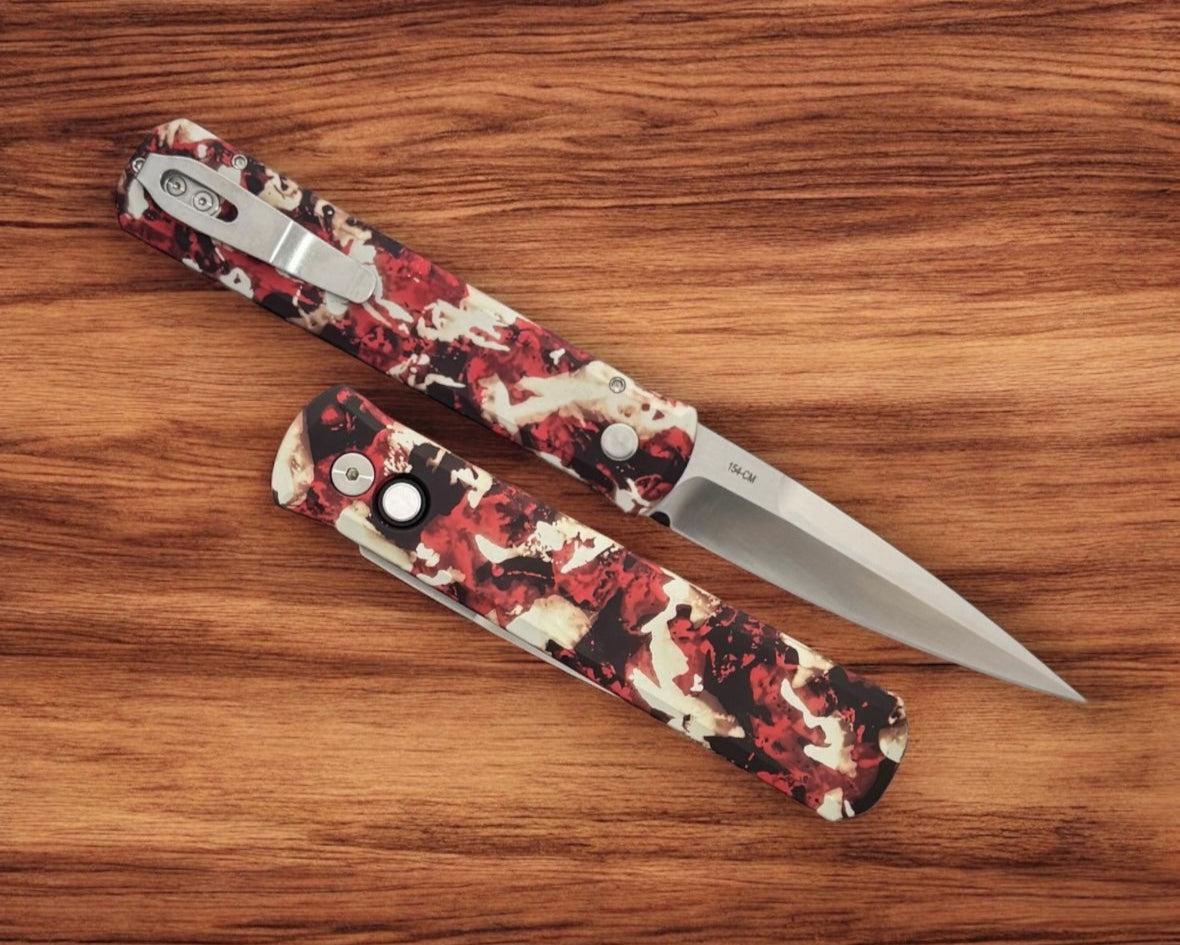 Pro-Tech-Pro-Tech 921.Satin.CTC Godfather AUTO - "Crimson Tiger Camo" Custom Ano Handles - Satin 154CM Blade - MOP Button-Urban Cutlery