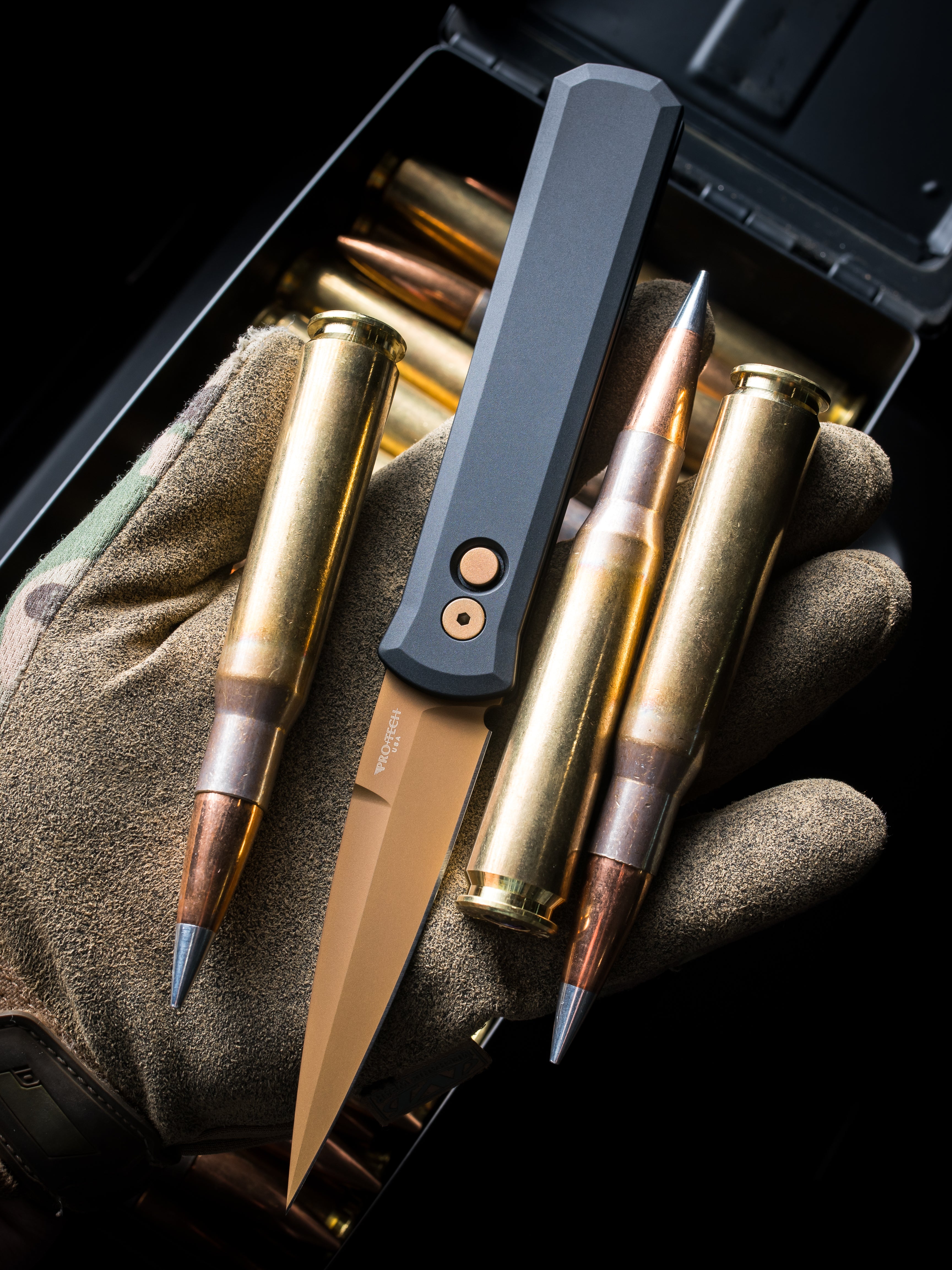 Pro-Tech-Pro-Tech 921.TAN Godfather - Black Handles - Tan PVD 154CM Blade - Matching Tan Hardware-4-Urban Cutlery