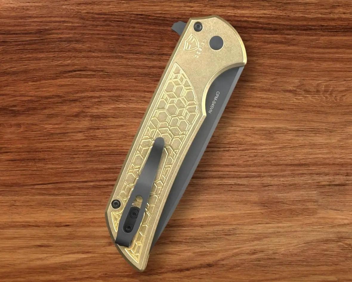 Pro-Tech-Pro-Tech AlBronze Gridlock Mordax - "Gridlock" Handle - DLC S45vn Blade - Black Lip Pearl Push Button - Black Mini Deep Carry Clip-4-Urban Cutlery