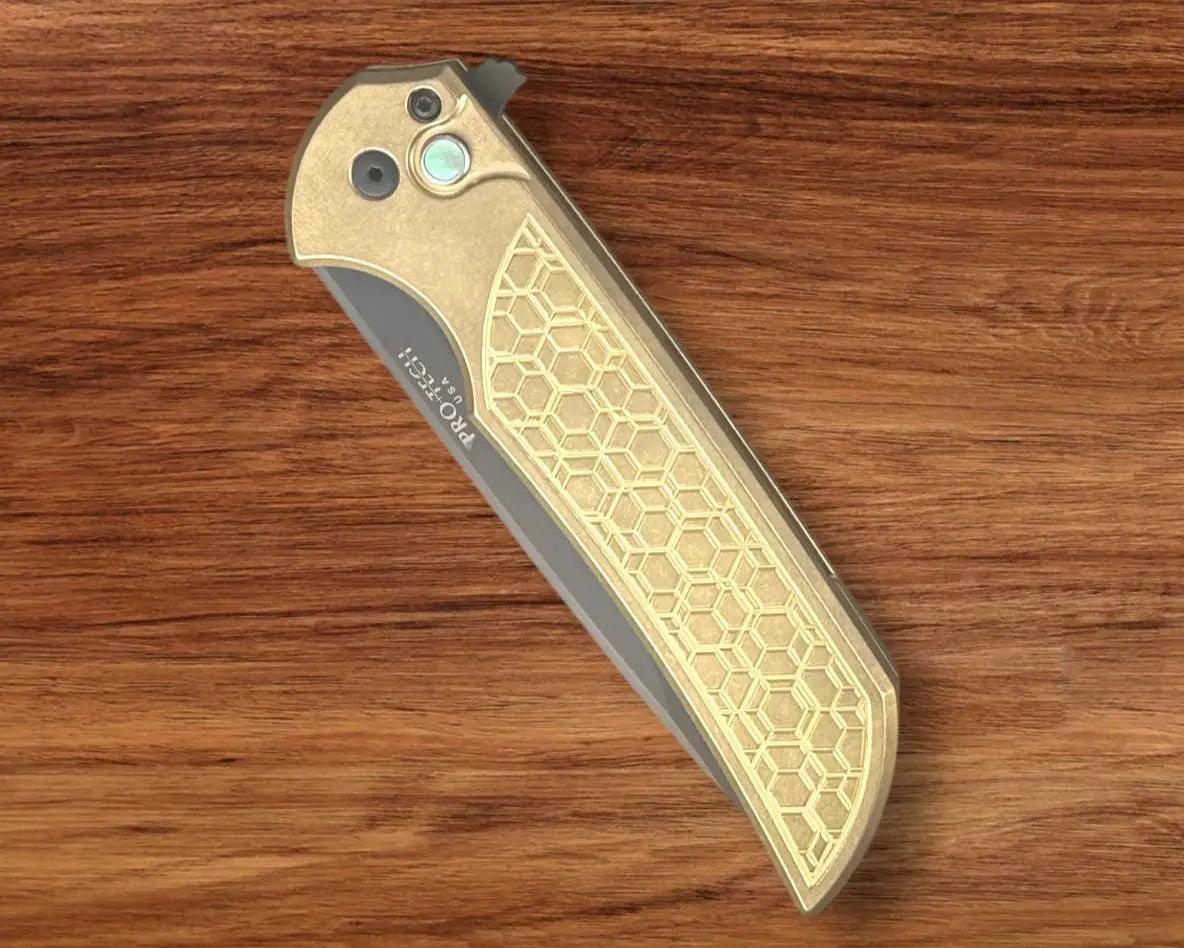 Pro-Tech-Pro-Tech AlBronze Gridlock Mordax - "Gridlock" Handle - DLC S45vn Blade - Black Lip Pearl Push Button - Black Mini Deep Carry Clip-Urban Cutlery
