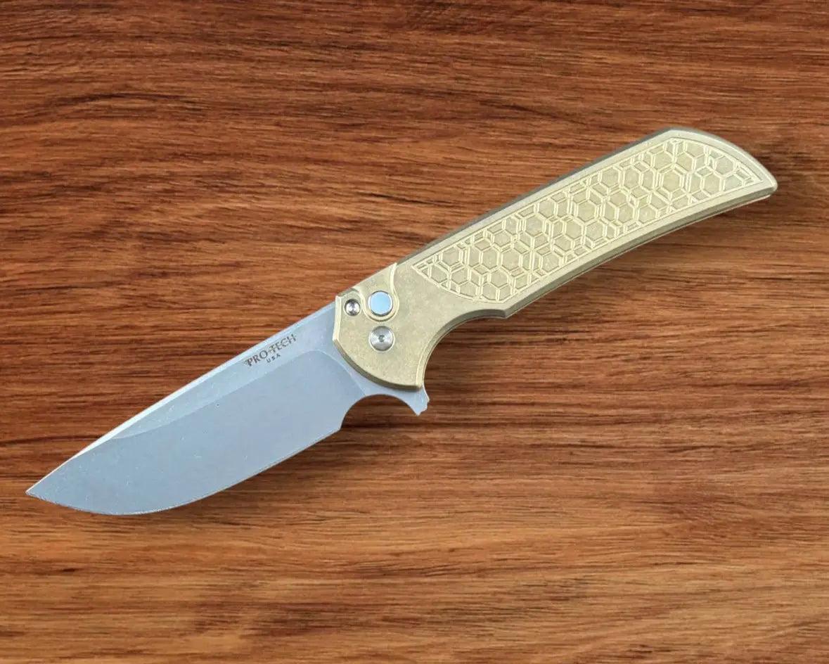 Pro-Tech-Pro-Tech AlBronze Gridlock Mordax - "Gridlock" Handle - Stonewash S45vn Blade - Black Lip Pearl Push Button - Blasted Mini Deep Carry Clip-1-Urban Cutlery