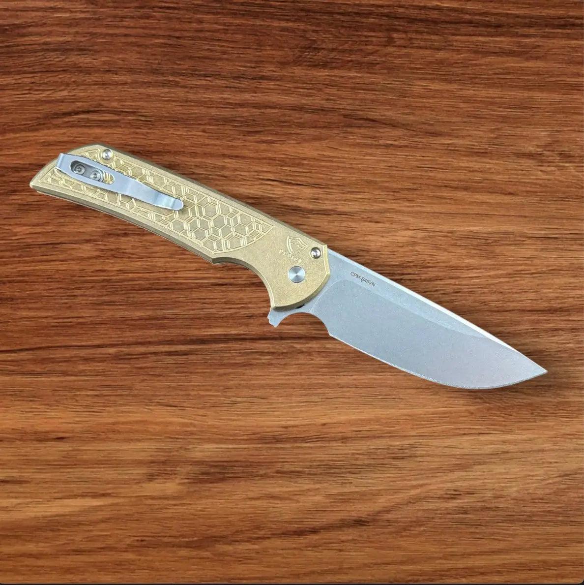 Pro-Tech-Pro-Tech AlBronze Gridlock Mordax - "Gridlock" Handle - Stonewash S45vn Blade - Black Lip Pearl Push Button - Blasted Mini Deep Carry Clip-2-Urban Cutlery