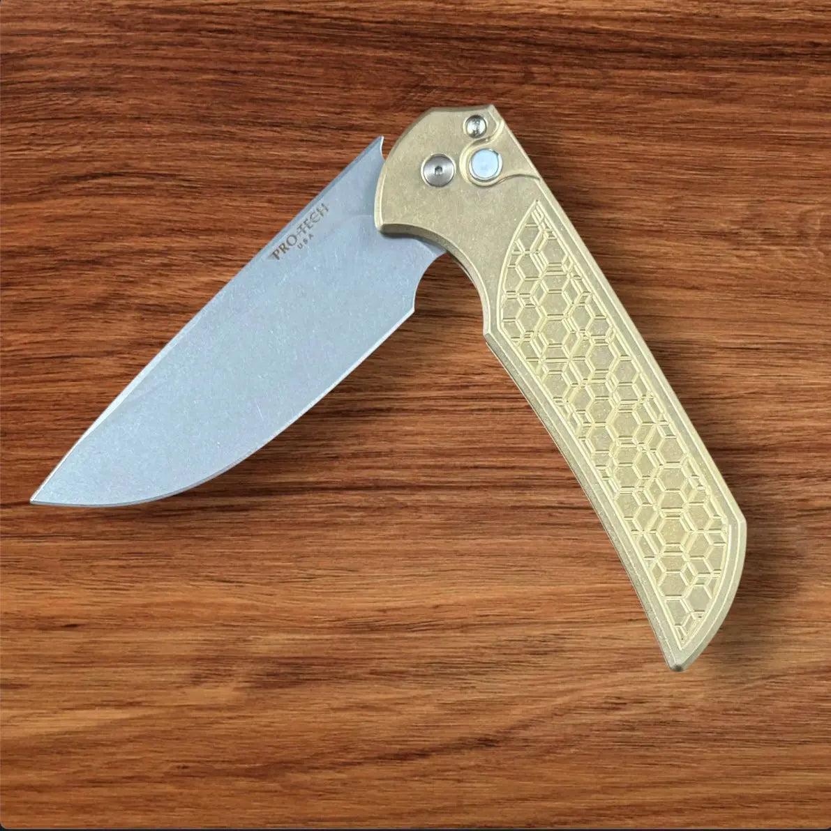 Pro-Tech-Pro-Tech AlBronze Gridlock Mordax - "Gridlock" Handle - Stonewash S45vn Blade - Black Lip Pearl Push Button - Blasted Mini Deep Carry Clip-3-Urban Cutlery