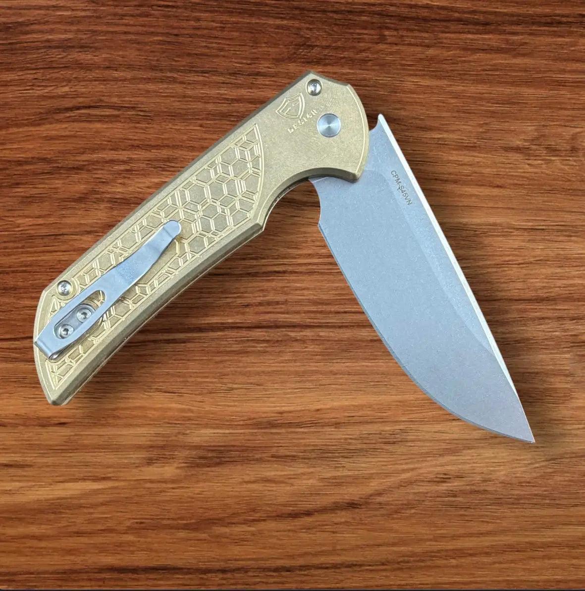 Pro-Tech-Pro-Tech AlBronze Gridlock Mordax - "Gridlock" Handle - Stonewash S45vn Blade - Black Lip Pearl Push Button - Blasted Mini Deep Carry Clip-4-Urban Cutlery