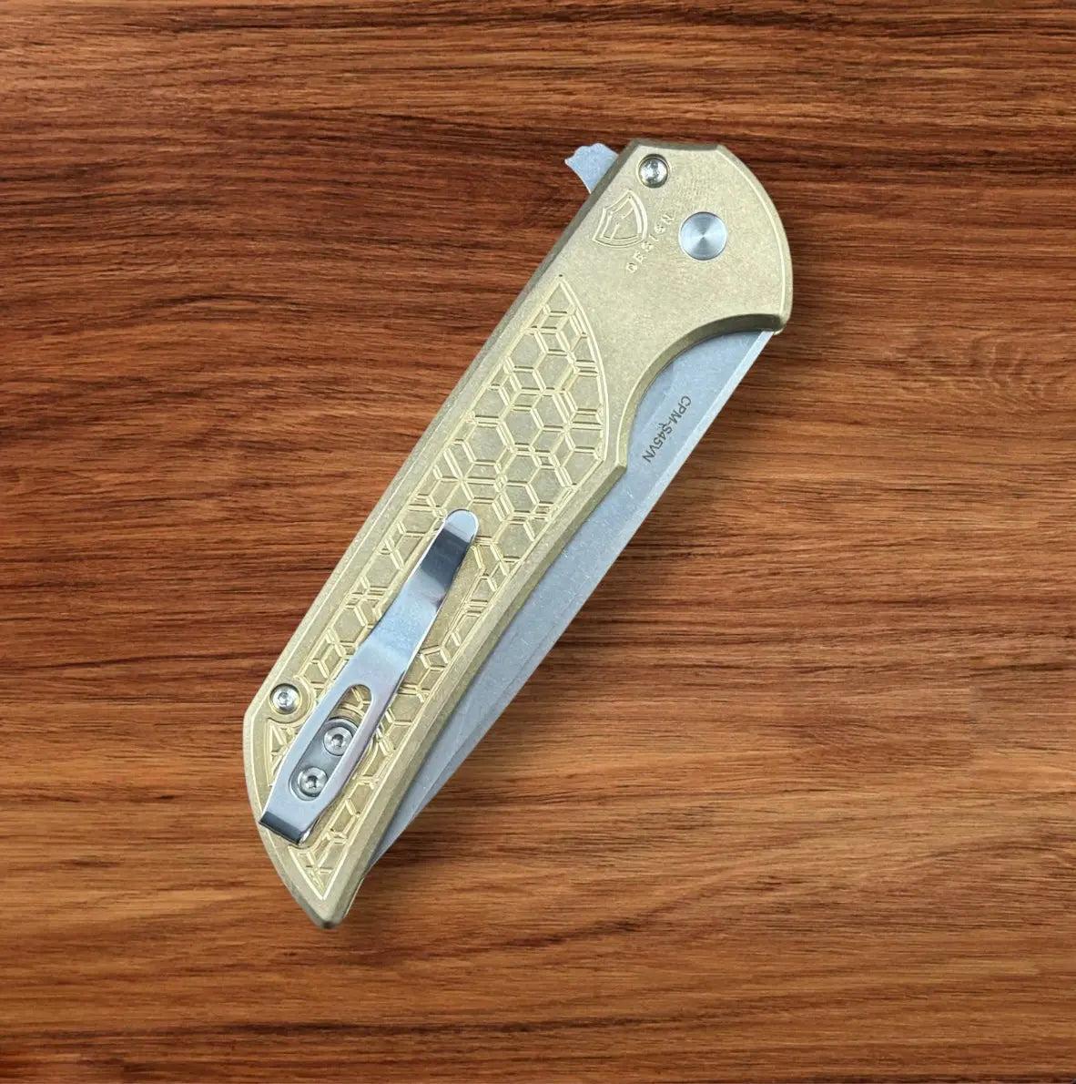 Pro-Tech-Pro-Tech AlBronze Gridlock Mordax - "Gridlock" Handle - Stonewash S45vn Blade - Black Lip Pearl Push Button - Blasted Mini Deep Carry Clip-6-Urban Cutlery