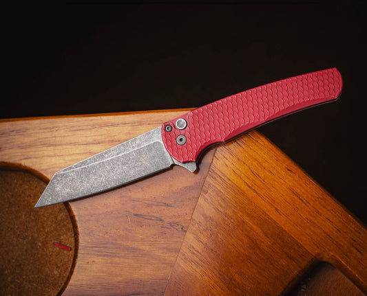 Pro-Tech-Pro-Tech BSA25 Malibu - Battle Worn Red "Dragon Scale" Handle - Acid Washed Reverse Tanto Magnacut Blade - Black Lip Pearl Button /215-1-Urban Cutlery