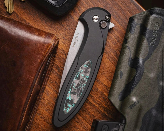 Pro-Tech-Pro-Tech BSA25.Cambria.1 Cambria - Black 6061 Aluminum Handles with TechnoCarbo Teal Inlay - Stonewash Magnacut Blade - Black Lip Button - Satin Hardware /180-Urban Cutlery