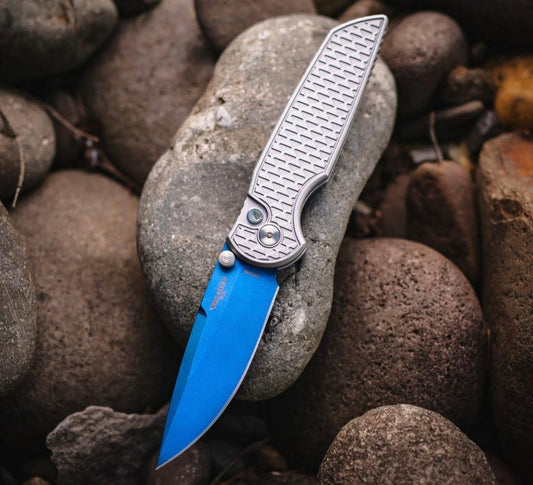 Pro-Tech-Pro-Tech BSA25.INT.1 TR-3 INTEGRITY Manual - Relic Textured Battle Worn Grey Handle - Sapphire Blue s35vn Blade - Abalone Button /120-1-Urban Cutlery