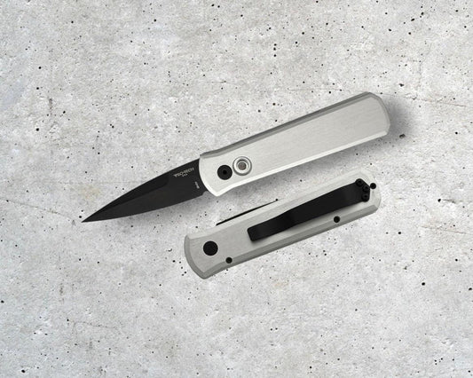 Pro-Tech-Pro-Tech BSW.Godson.1 Blade Show West 25 Godson AUTO - Clear Anodized Satin Handles - Satin DLC Black 20CV Blade - Black Lip Pearl Button /70-Urban Cutlery