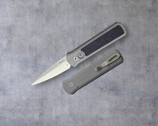 Pro-Tech-Pro-Tech BSW.Godson.2 Blade Show West 25 Godson AUTO - Grey Anodized Handles with Purple Marble Carbon Fiber Inlay - Machine Satin 20CV Blade - Abalone Button /80-1-Urban Cutlery