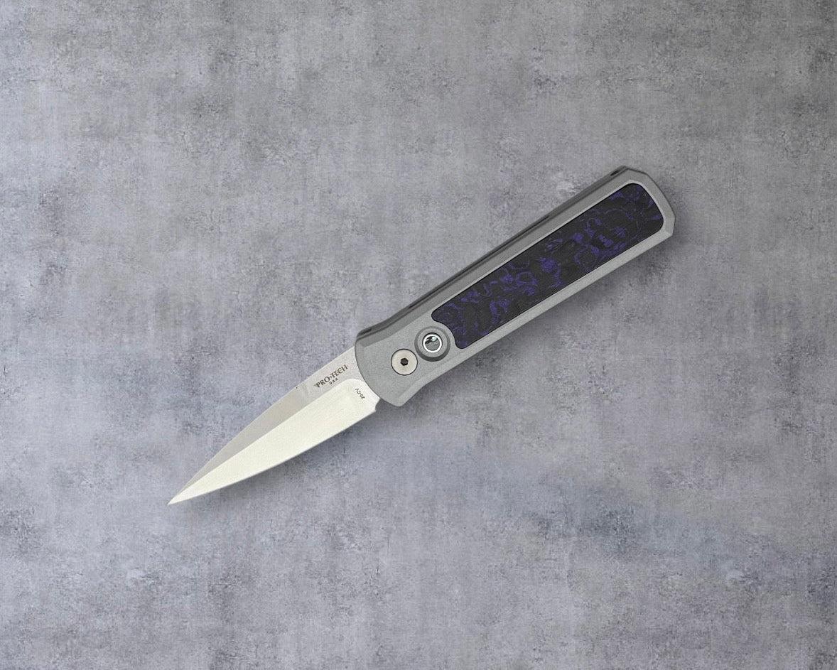 Pro-Tech-Pro-Tech BSW.Godson.2 Blade Show West 25 Godson AUTO - Grey Anodized Handles with Purple Marble Carbon Fiber Inlay - Machine Satin 20CV Blade - Abalone Button /80-2-Urban Cutlery