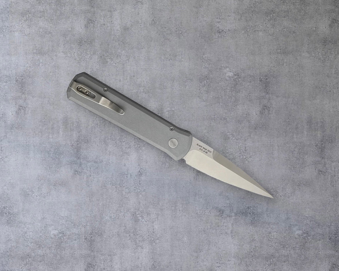 Pro-Tech-Pro-Tech BSW.Godson.2 Blade Show West 25 Godson AUTO - Grey Anodized Handles with Purple Marble Carbon Fiber Inlay - Machine Satin 20CV Blade - Abalone Button /80-3-Urban Cutlery