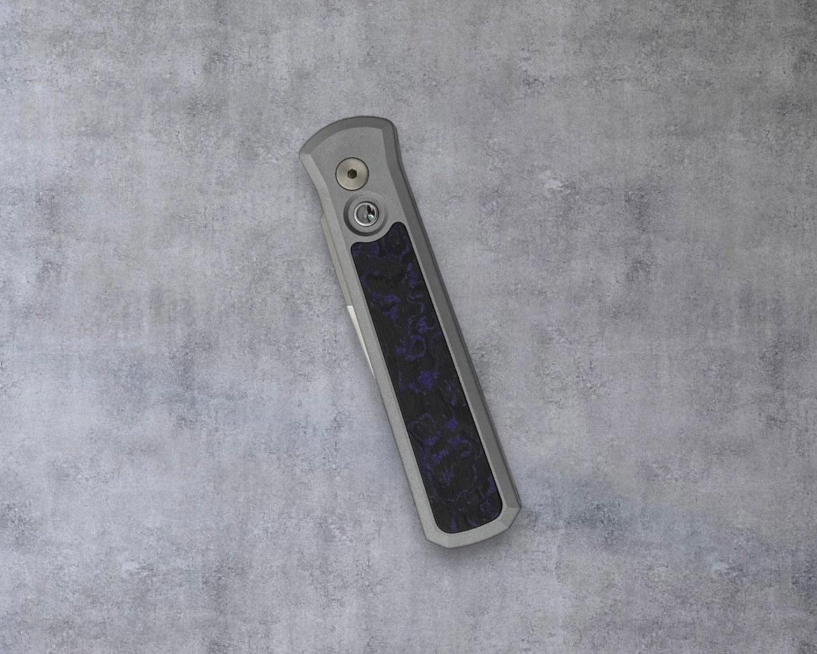 Pro-Tech-Pro-Tech BSW.Godson.2 Blade Show West 25 Godson AUTO - Grey Anodized Handles with Purple Marble Carbon Fiber Inlay - Machine Satin 20CV Blade - Abalone Button /80-4-Urban Cutlery