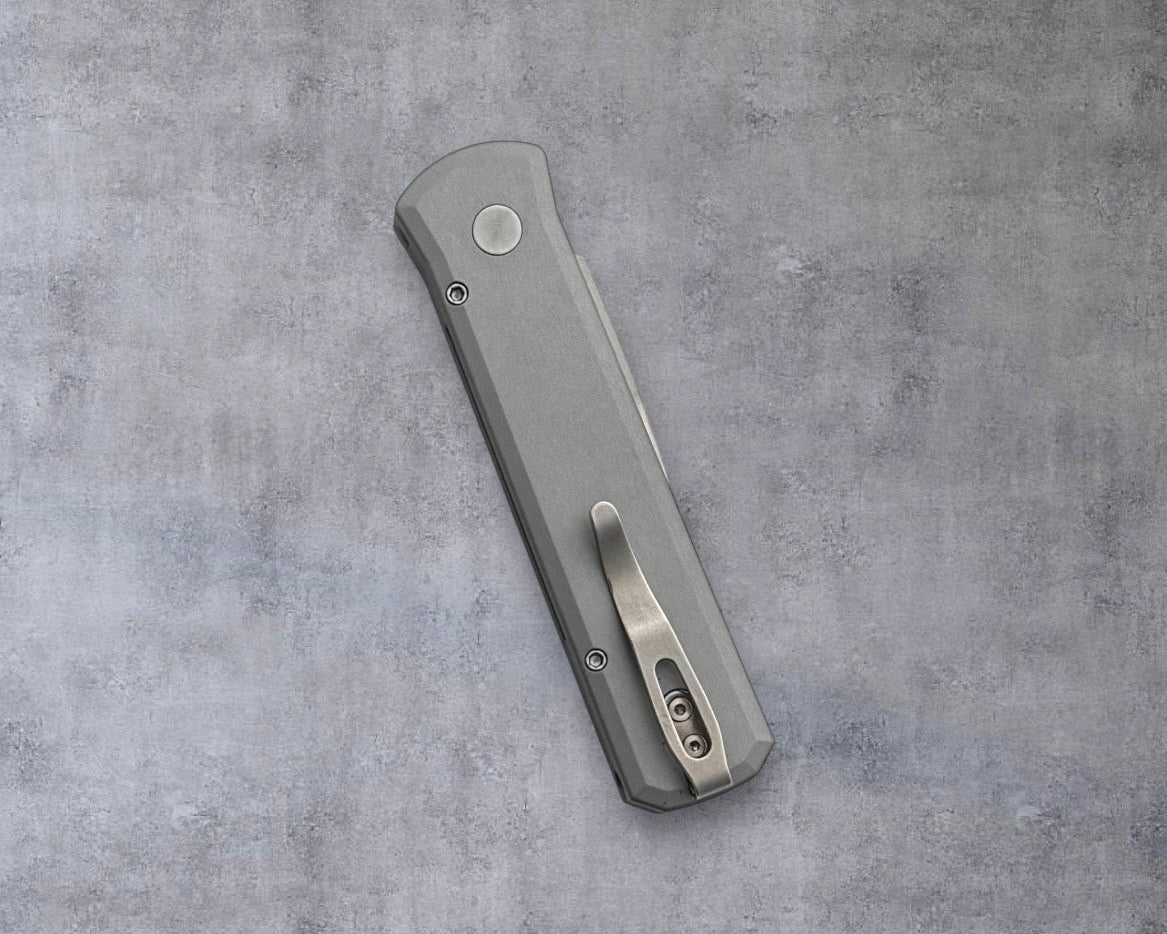 Pro-Tech-Pro-Tech BSW.Godson.2 Blade Show West 25 Godson AUTO - Grey Anodized Handles with Purple Marble Carbon Fiber Inlay - Machine Satin 20CV Blade - Abalone Button /80-5-Urban Cutlery